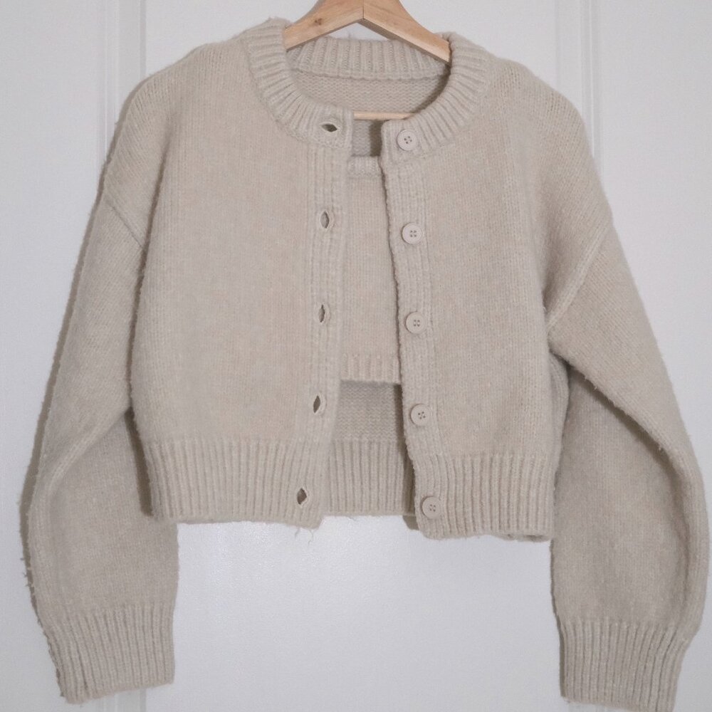 Cream Chunky Fluffy Cropped Cardigan with Inner Top Included (S)